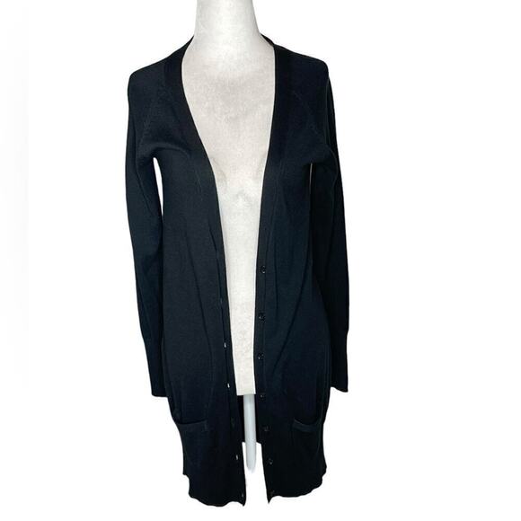 Zara Knit Black Long Length Cardigan Brown Suede Elbow Patches Button Down Large - Picture 1 of 15